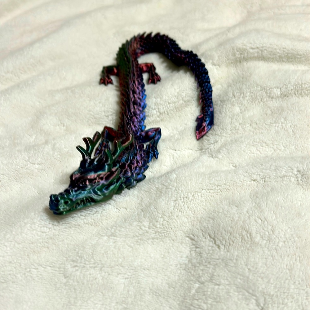 3D printed dragon. 17 inches long. Iridescent purple,blue,green.